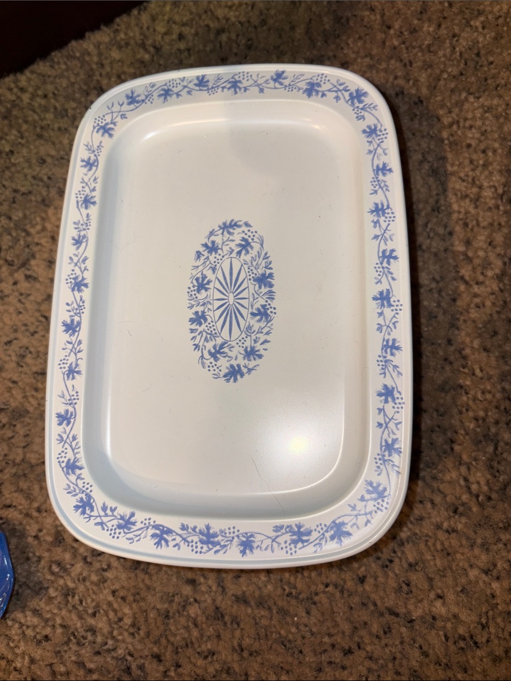 Set of 14 vintage metal drinks/tip serving trays with white & blue matte finish